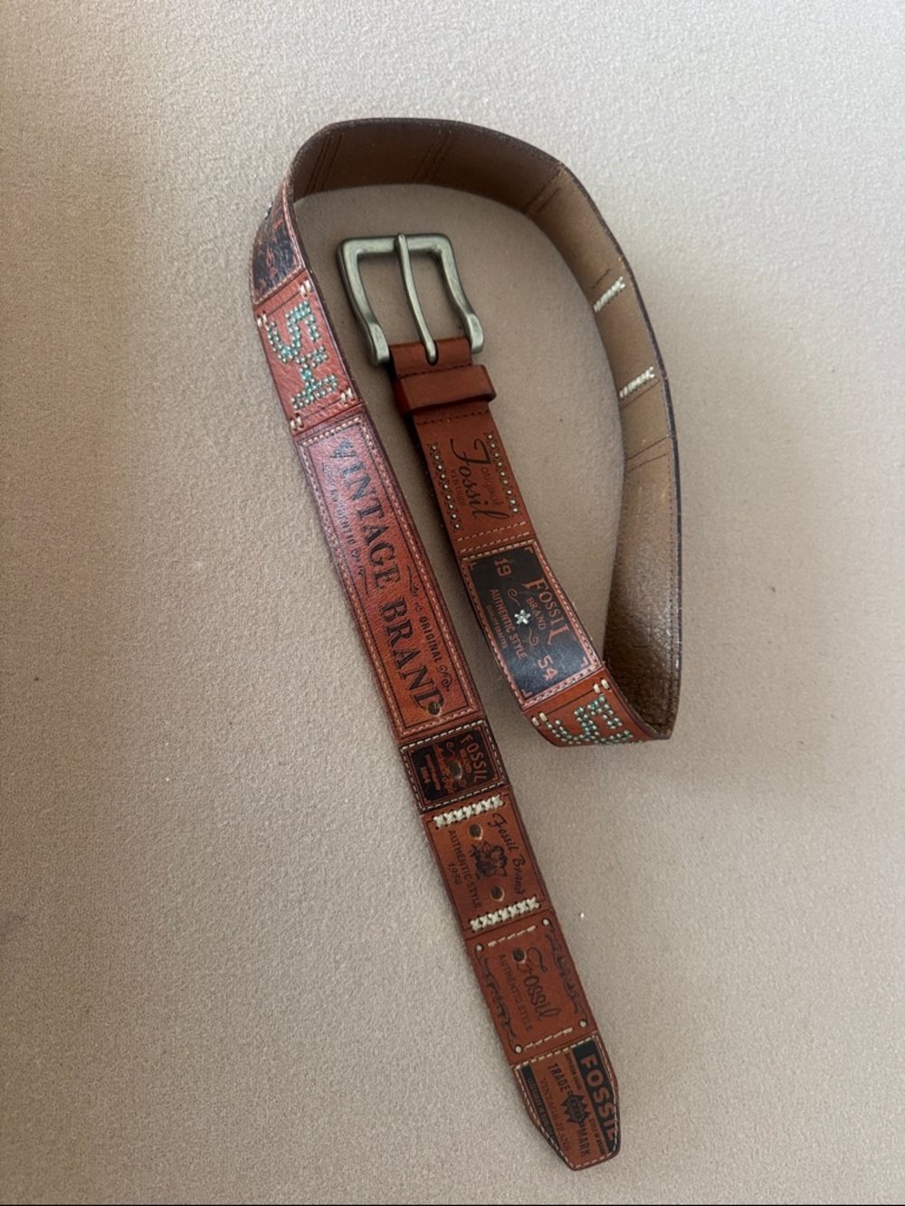 Fossil Tan Brown Leather Logo-Stamped Belt Unisex